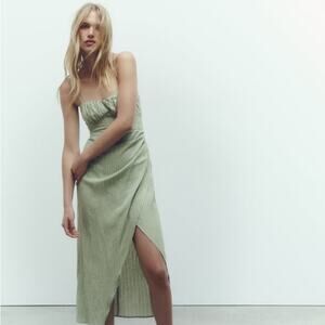 ZARA LINEN BLEND STRIPED MIDI CORSET DRESS